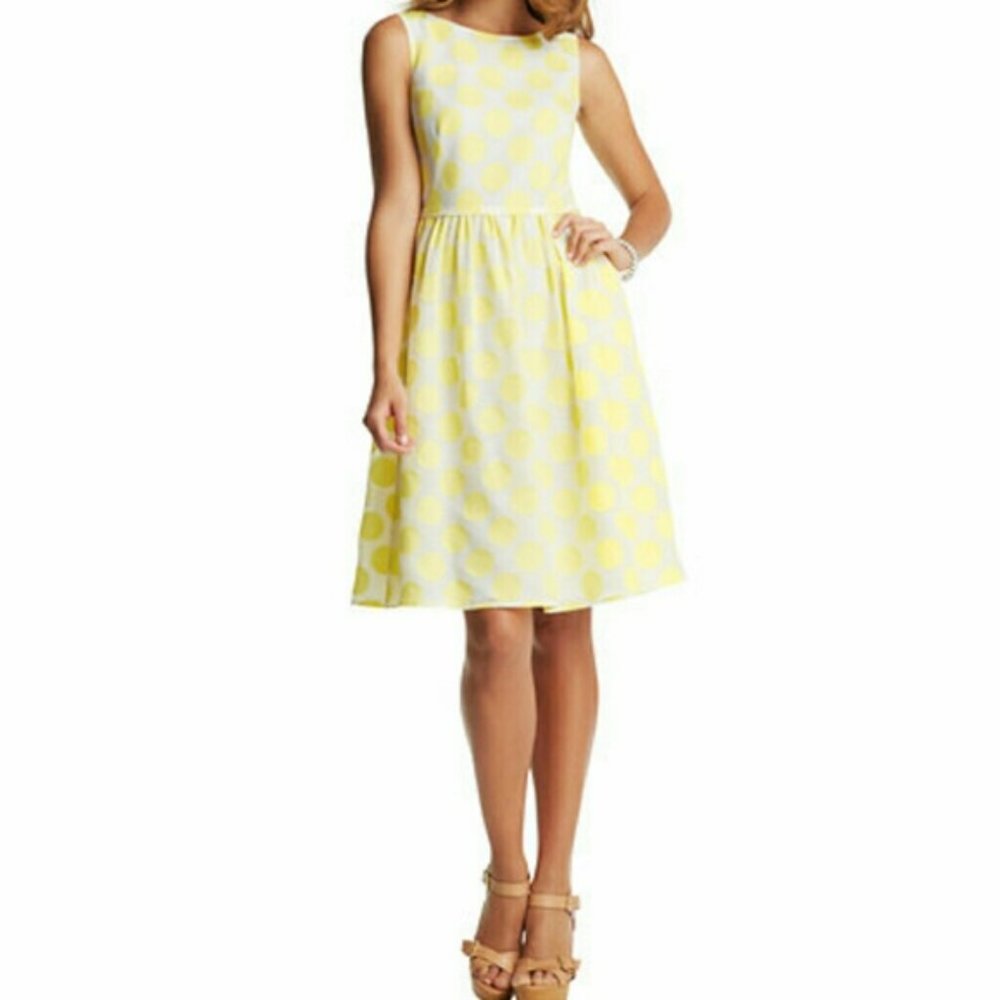 LOFT yellow white polka dot fit & flare dress 8T 8 TALL summer spring party